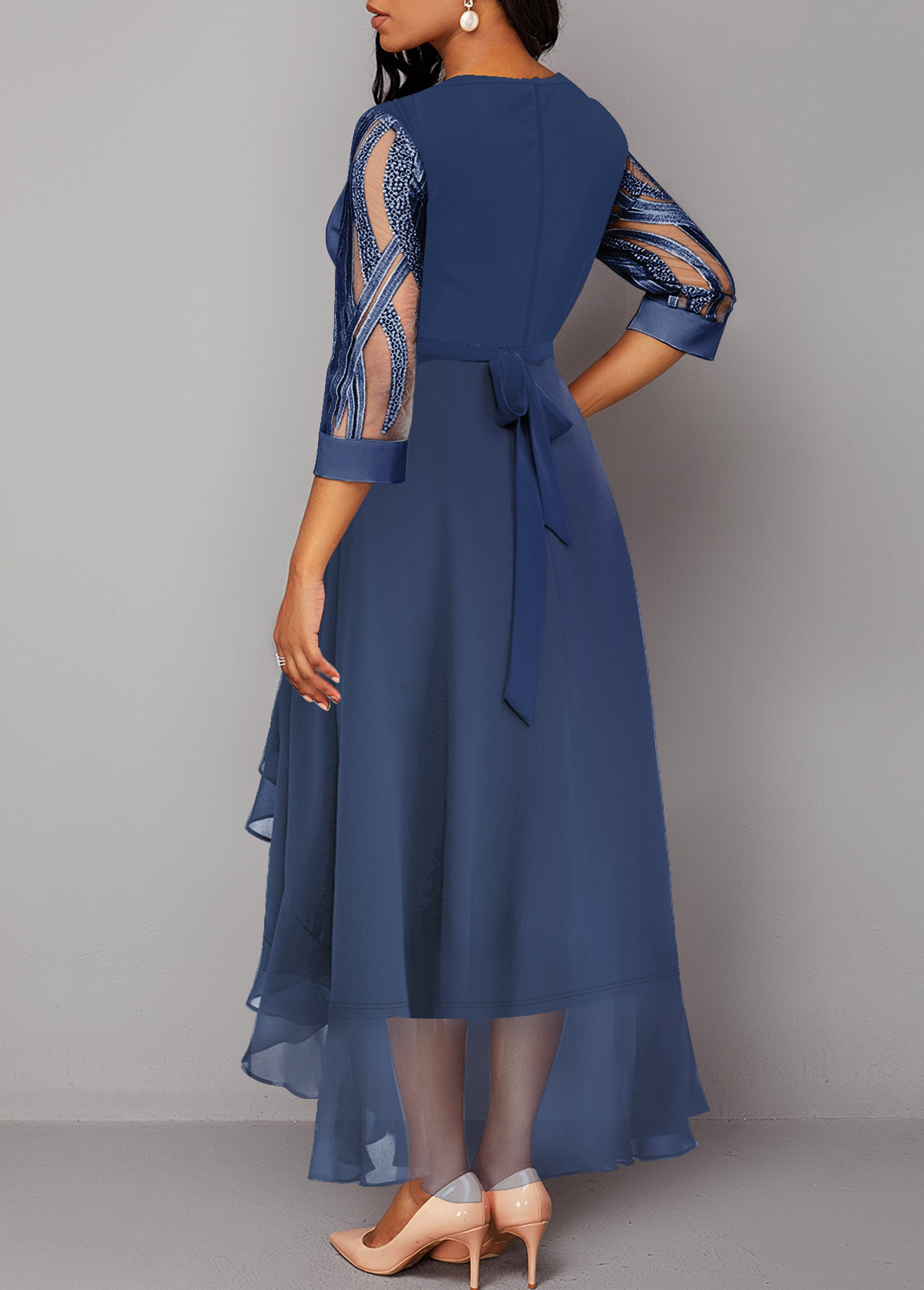 Blue dresses,Plain Color dresses,ROTITA Blue Mesh Stitching Sequin High Low Dress