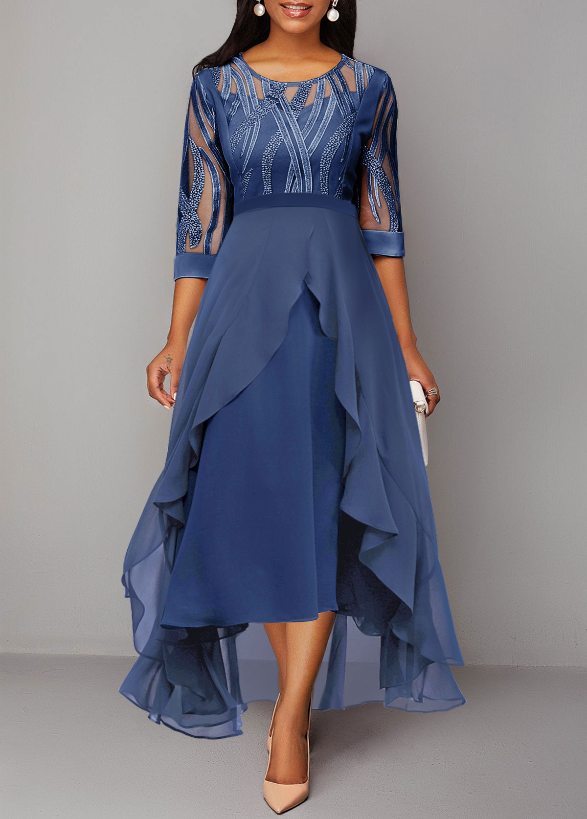 Blue dresses,Plain Color dresses,ROTITA Blue Mesh Stitching Sequin High Low Dress