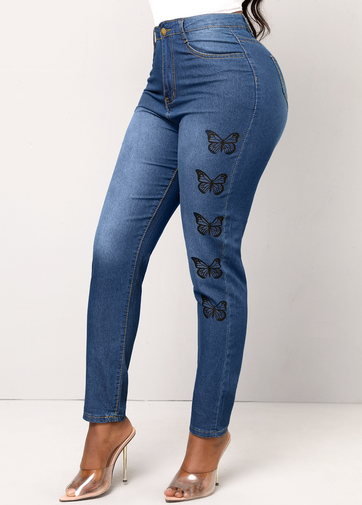 Double Side Pockets Butterfly Print Denim Blue Jeans