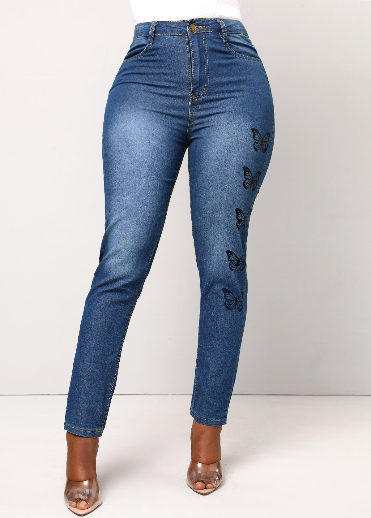 Denim Blue bottoms,Animal Print bottoms,Double Side Pockets Butterfly Print Denim Blue Jeans