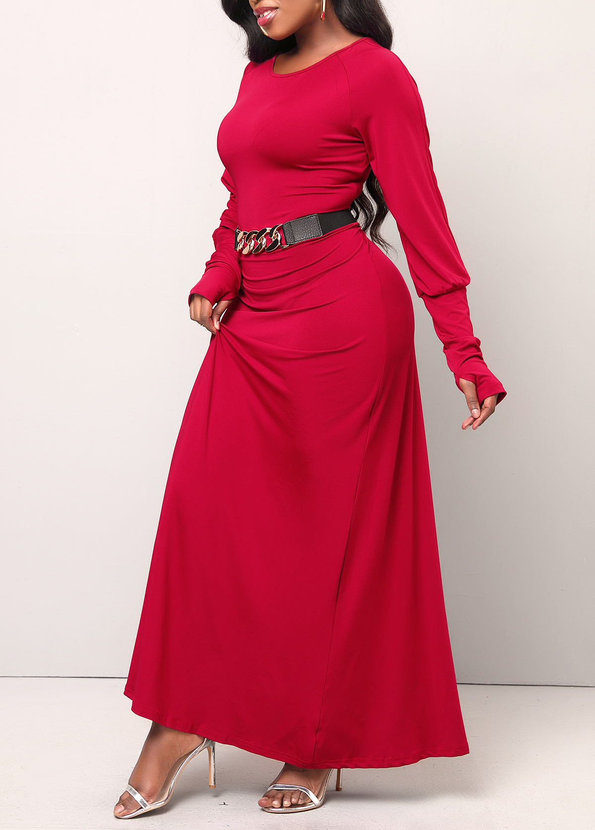 Wine Red dresses,Plain Color dresses,Wine Red Round Neck Maxi Dress