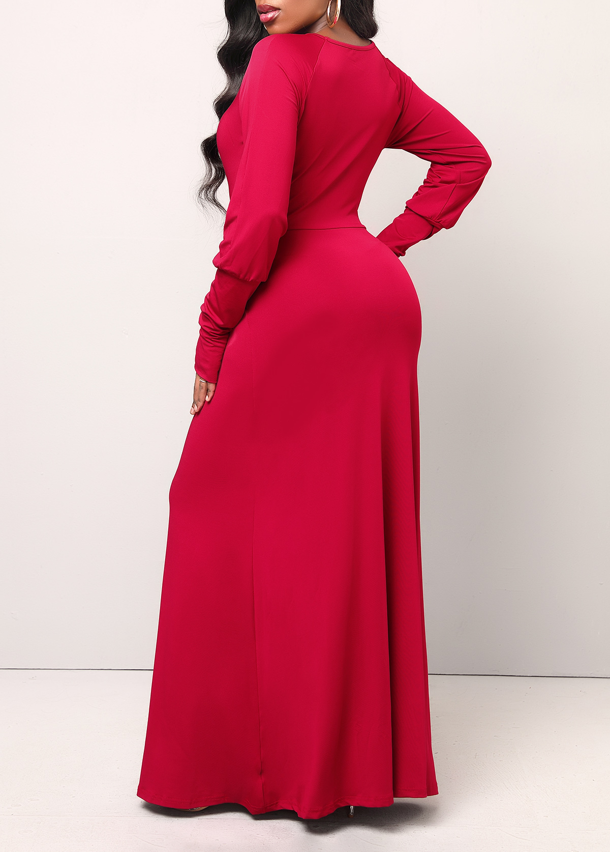 Wine Red dresses,Plain Color dresses,Wine Red Round Neck Maxi Dress
