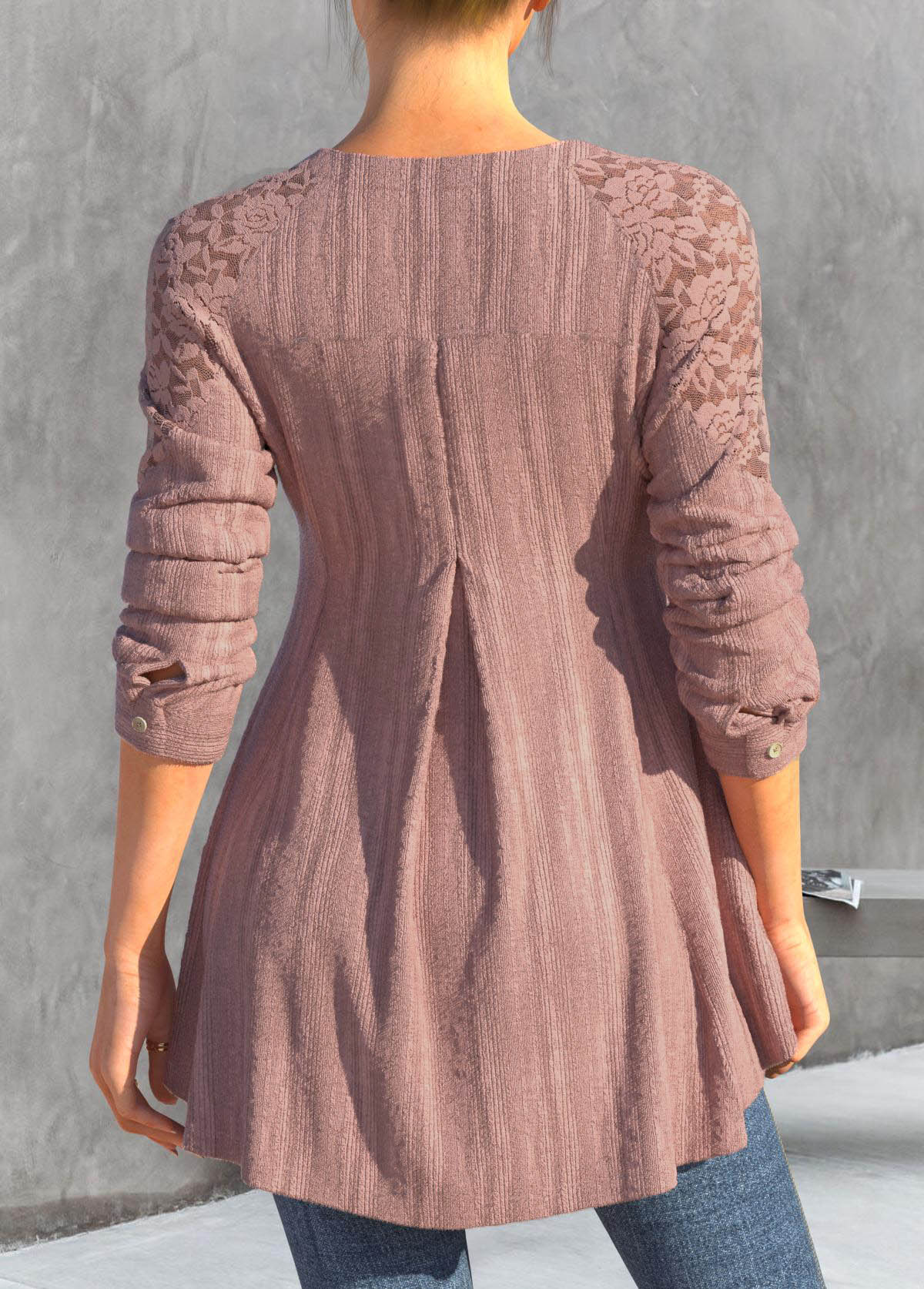 Dusty Pink tops,Plain Color tops,ROTITA Lace Patchwork Dusty Pink Split Neck Blouse