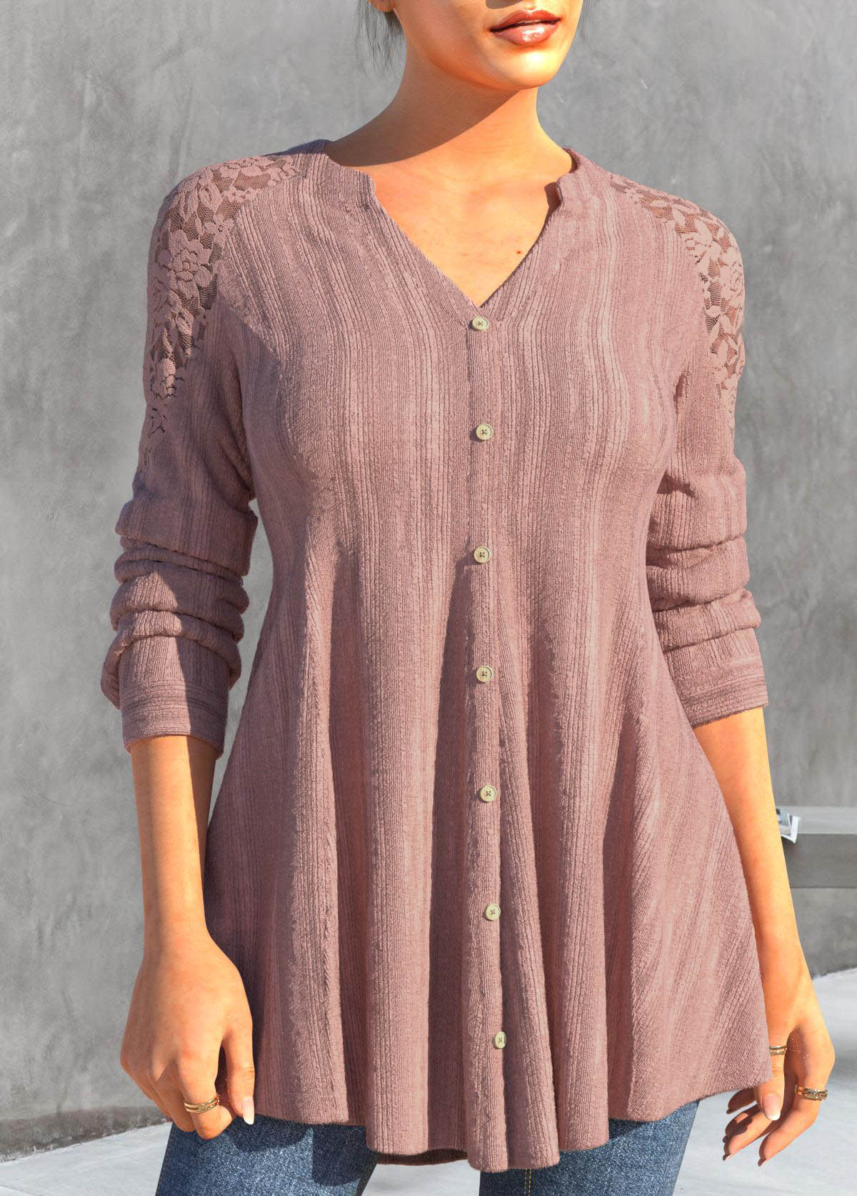 Dusty Pink tops,Plain Color tops,ROTITA Lace Patchwork Dusty Pink Split Neck Blouse