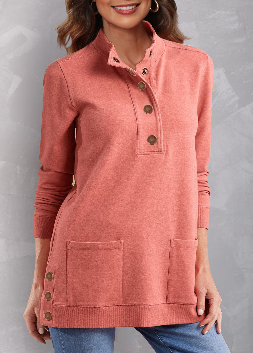 Coral tops,Plain Color tops,ROTITA Coral Red Quarter Button Double Side Pockets Sweatshirt