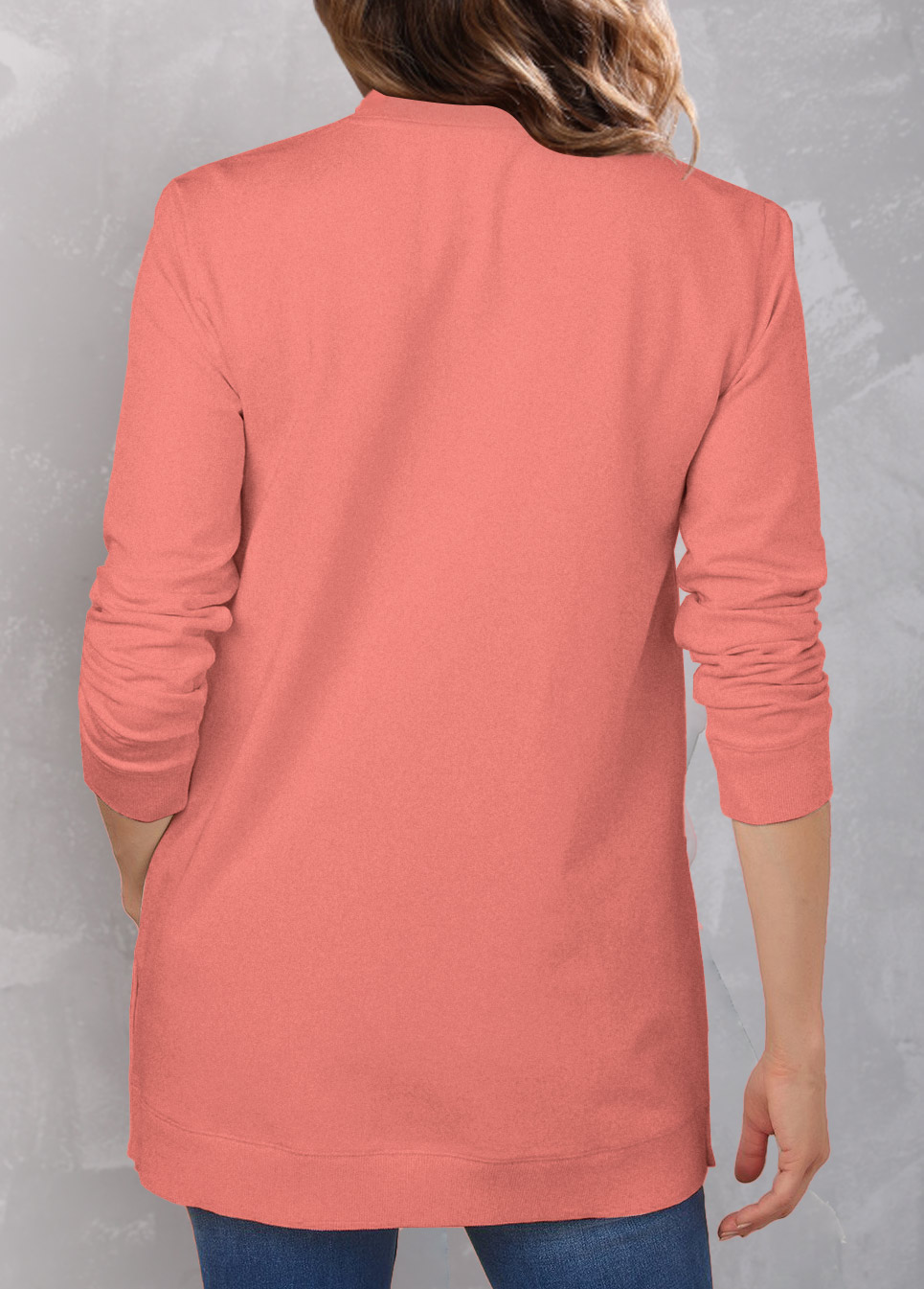 Coral tops,Plain Color tops,ROTITA Coral Red Quarter Button Double Side Pockets Sweatshirt