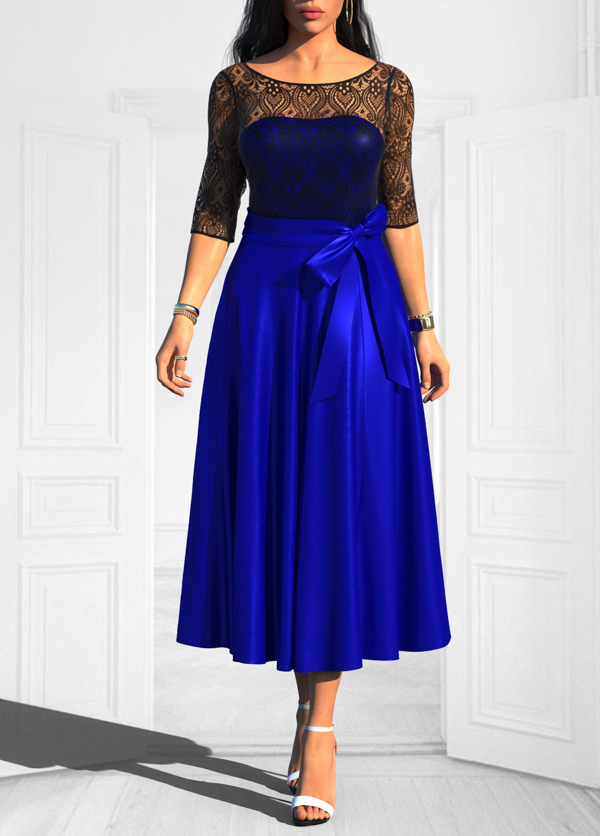 ROTITA Bowknot Royal Blue Lace Stitching Belted Dress