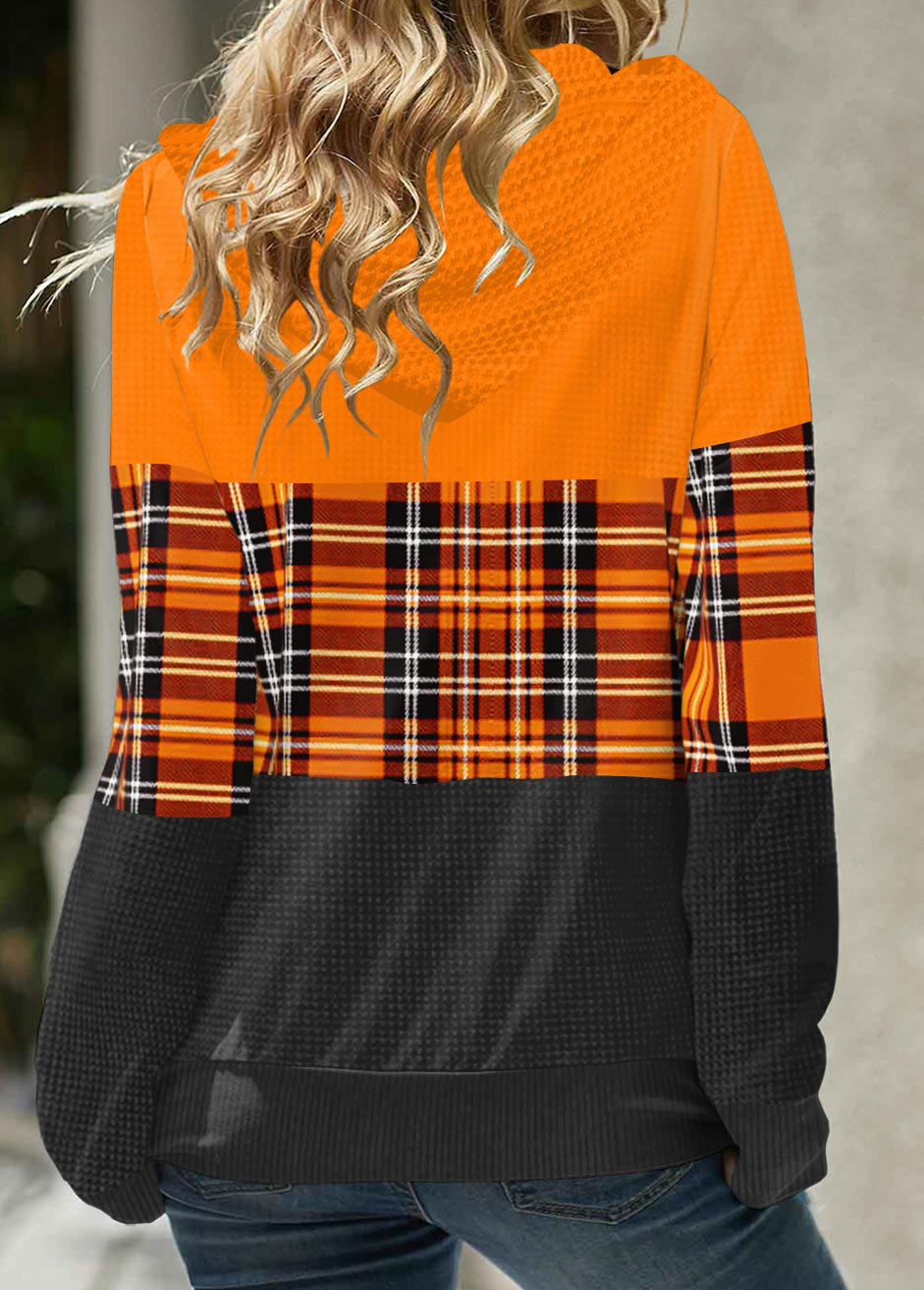 Orange plus size,Plaid plus size,ROTITA Plus Size Zipper Orange Tartan Print Hoodie