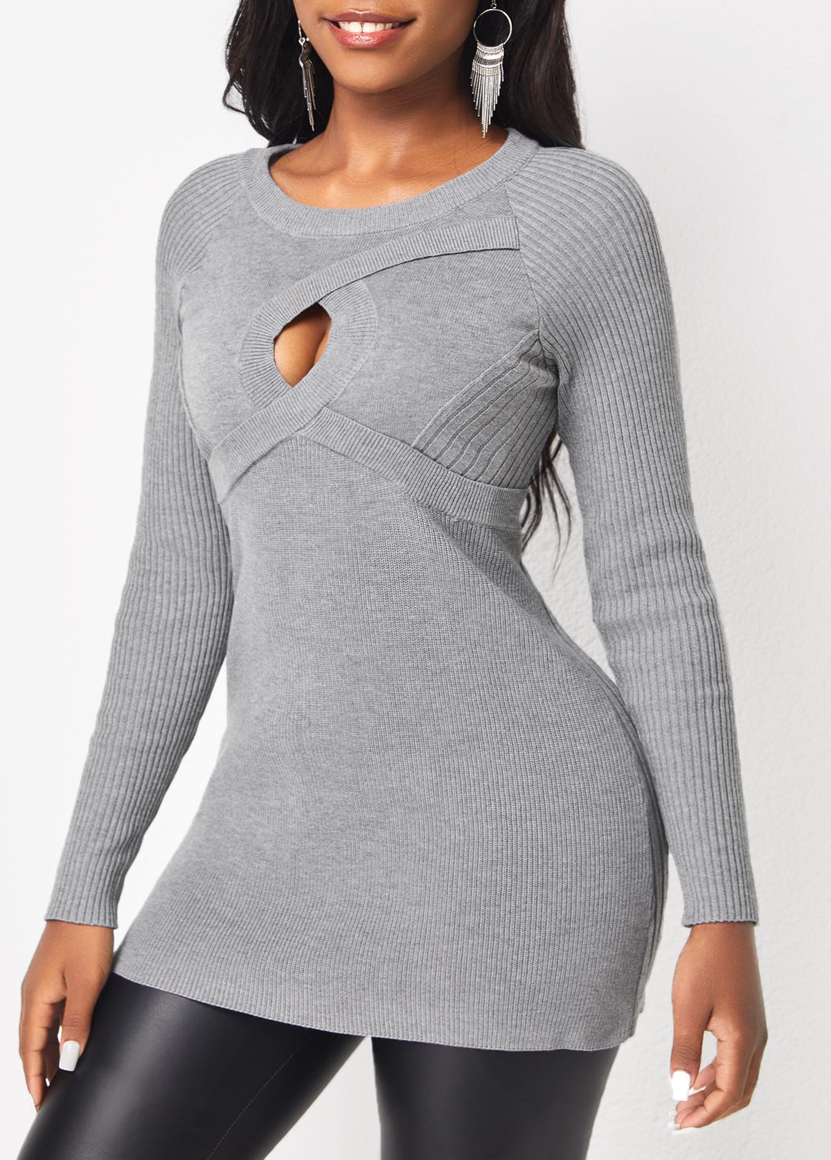 Light Grey Marl tops,Plain Color tops,ROTITA Cable Light Grey Marl Round Neck Sweater