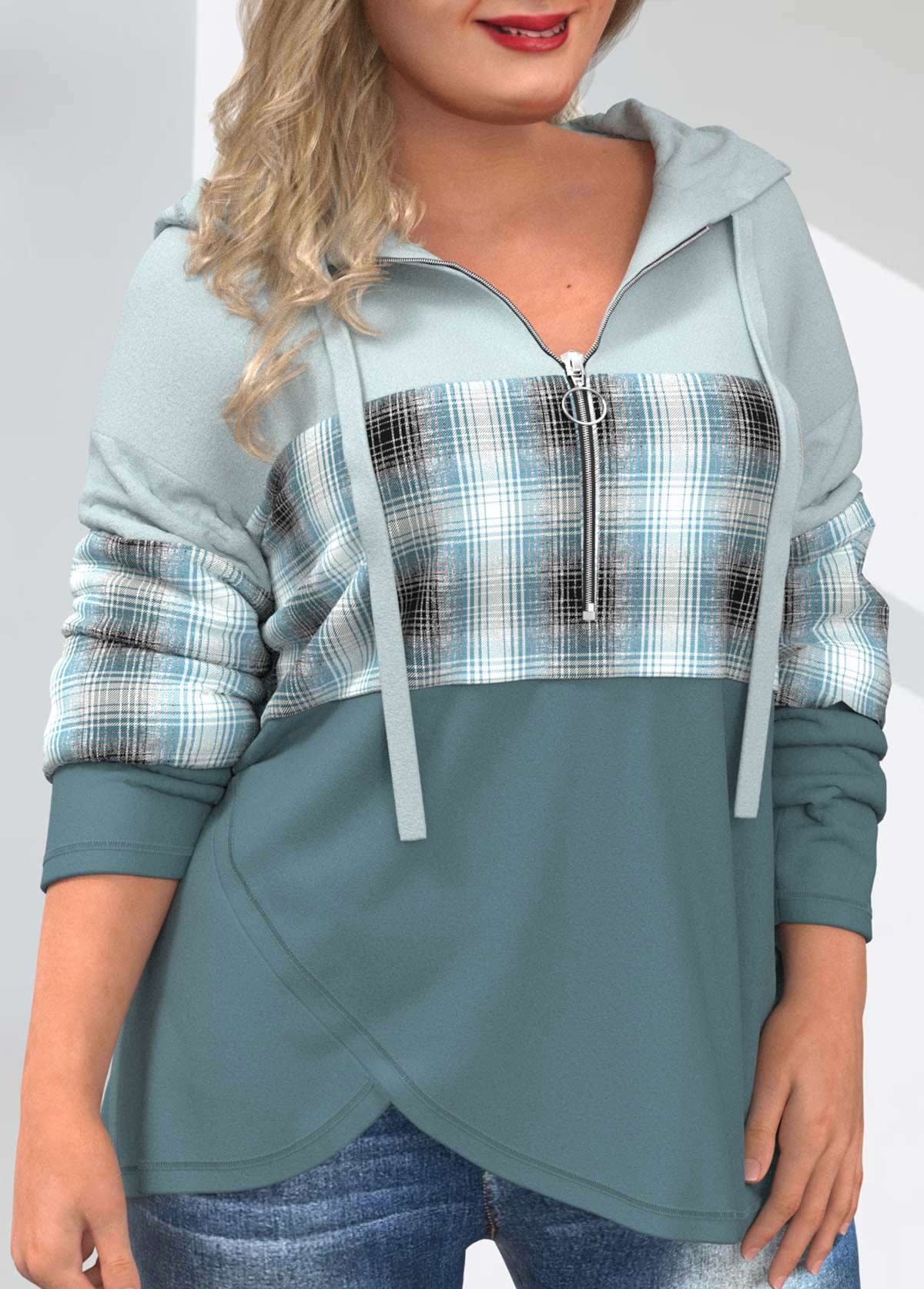 Multi Color plus size,Plaid plus size,ROTITA Multi Color Drawstring Plus Size Tartan Print Hoodie