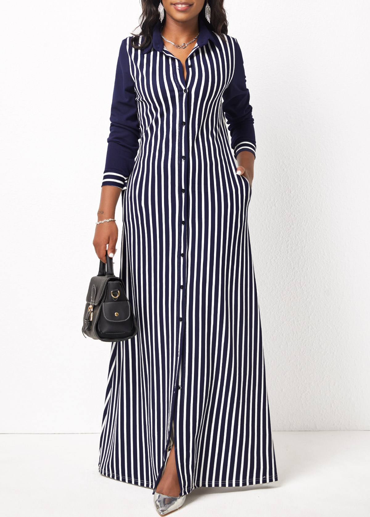 ROTITA Long Sleeve White Pocket Striped Maxi Dress