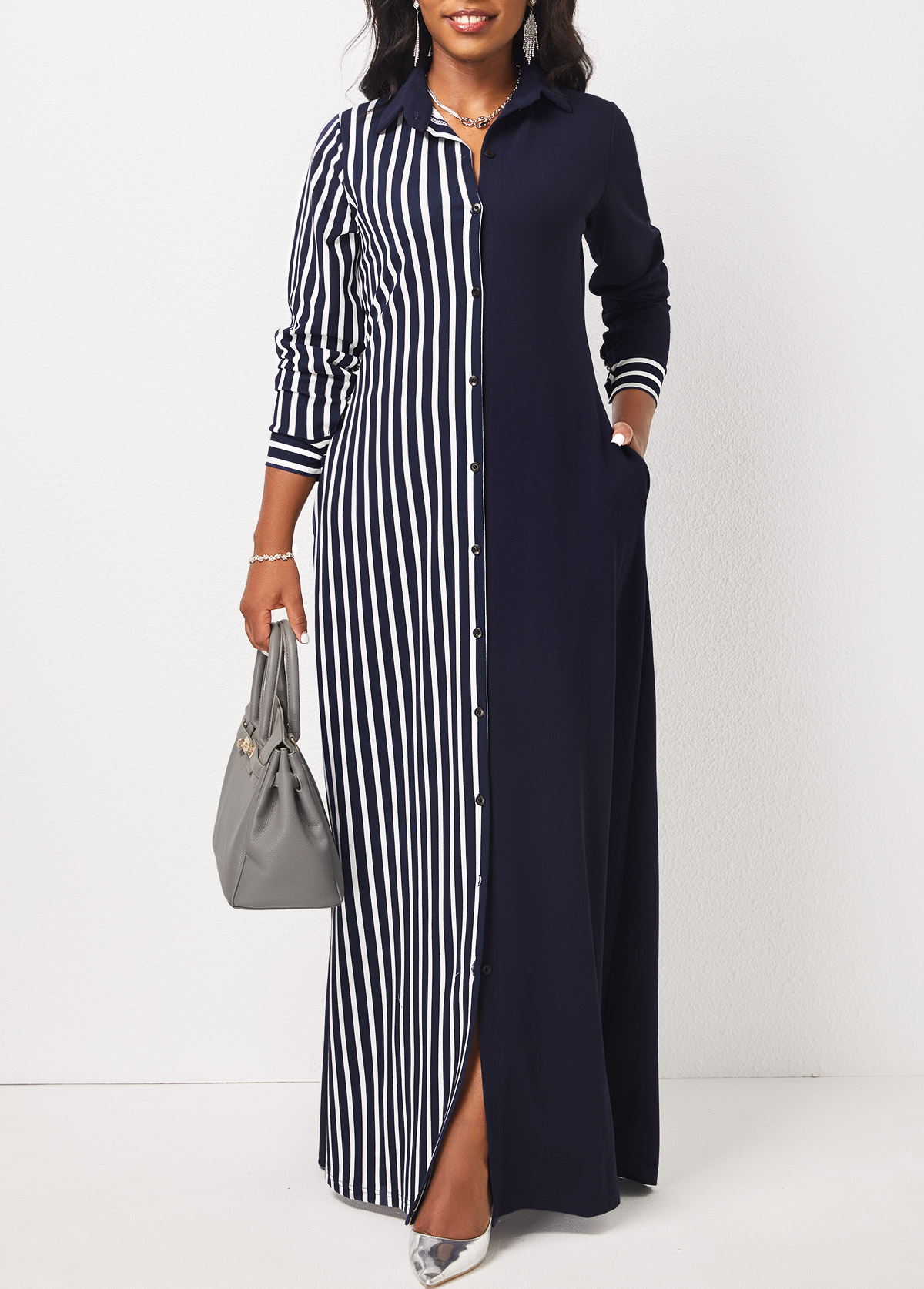 Navy dresses,Striped dresses,ROTITA Pocket Striped Navy H Shape Maxi Dress