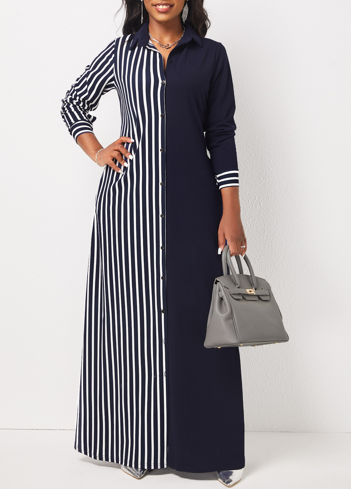 Navy dresses,Striped dresses,ROTITA Pocket Striped Navy H Shape Maxi Dress
