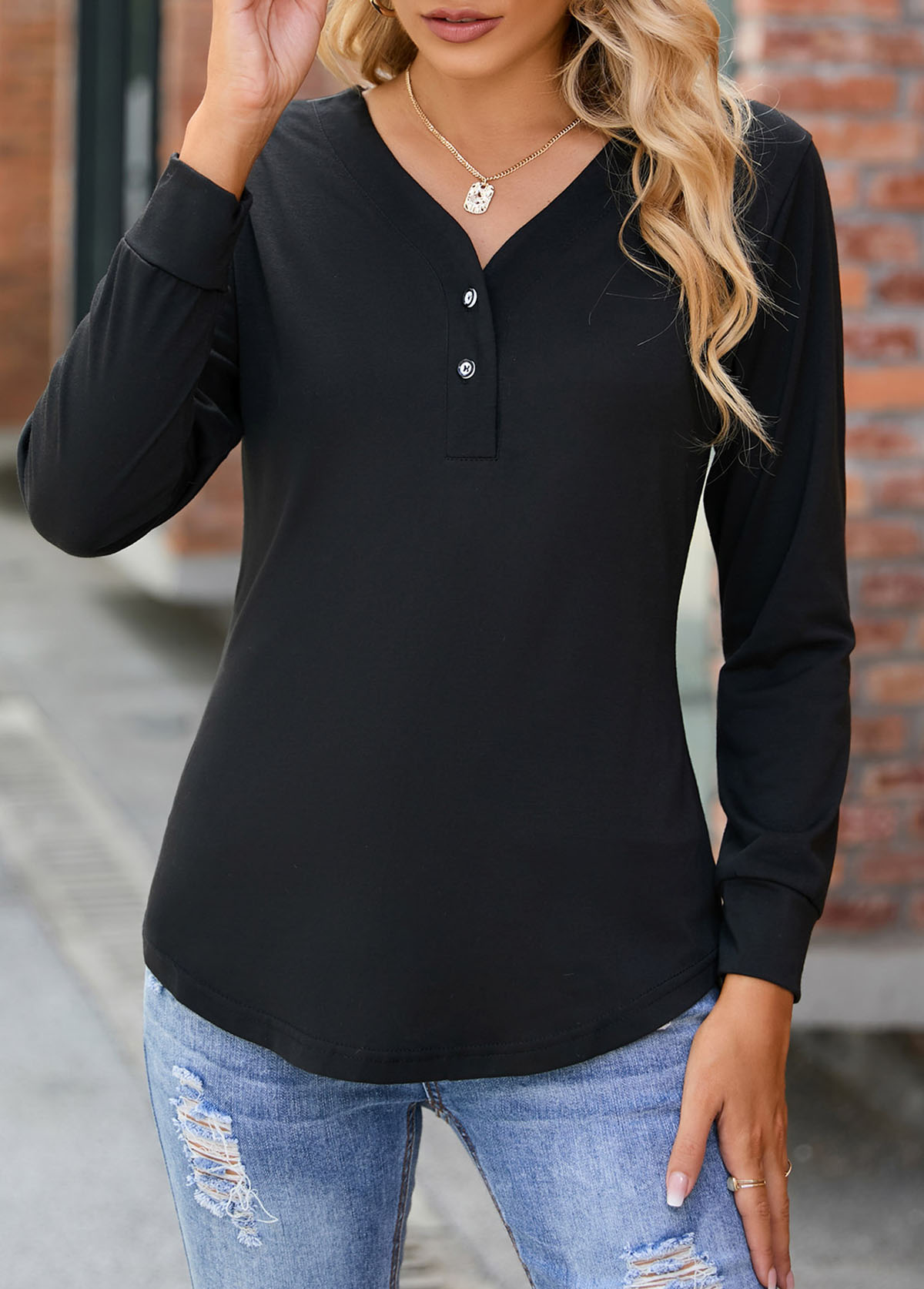 Black tops,Plain Color tops,Button Black V Neck Long Sleeve T Shirt