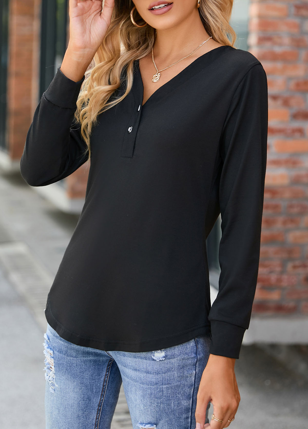 Black tops,Plain Color tops,Button Black V Neck Long Sleeve T Shirt