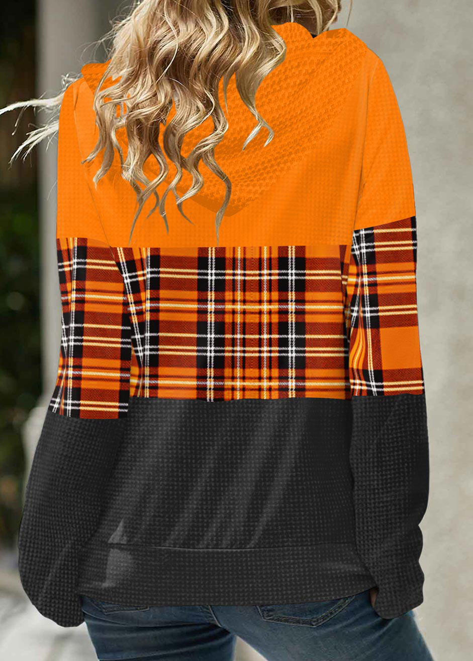 Orange plus size,Plaid plus size,ROTITA Plus Size Zipper Orange Tartan Print Hoodie