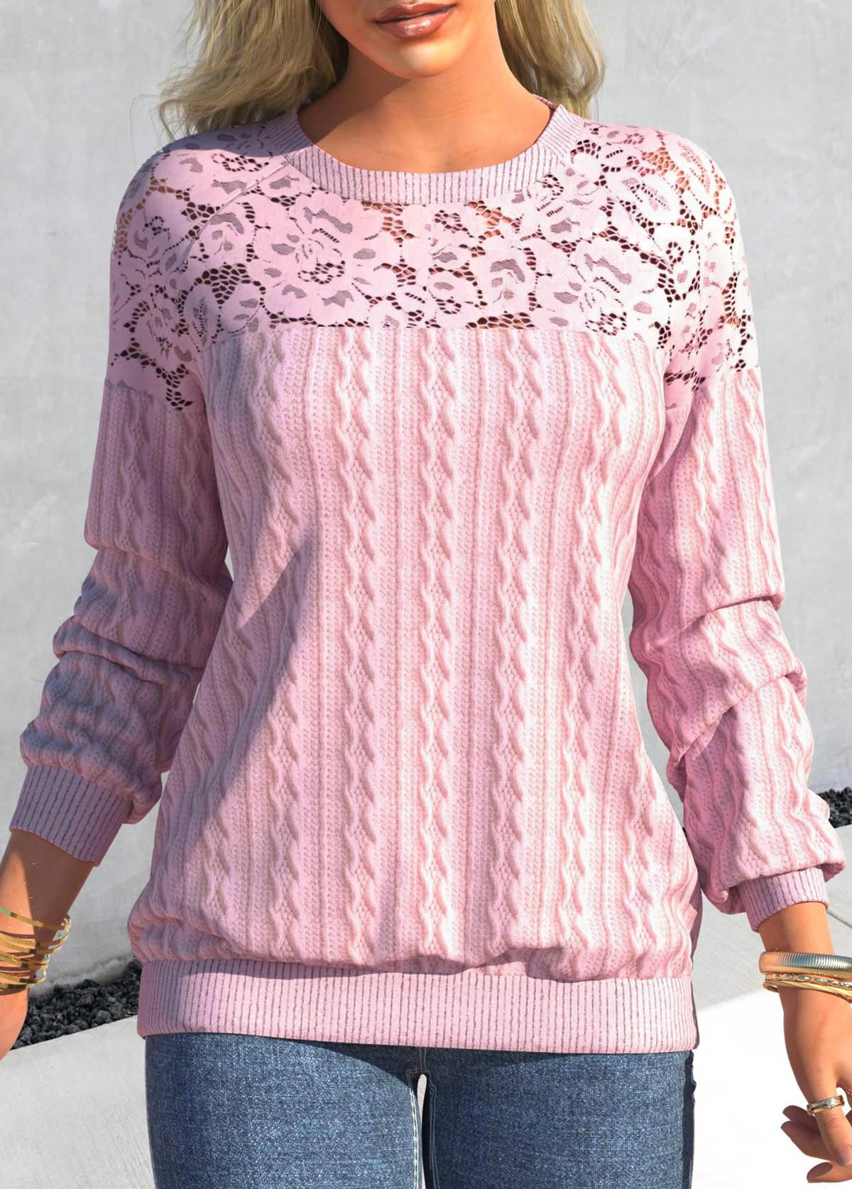 Pink tops,Plain Color tops,ROTITA Lace Patchwork Pink Round Neck Long Sleeve Sweatshirt