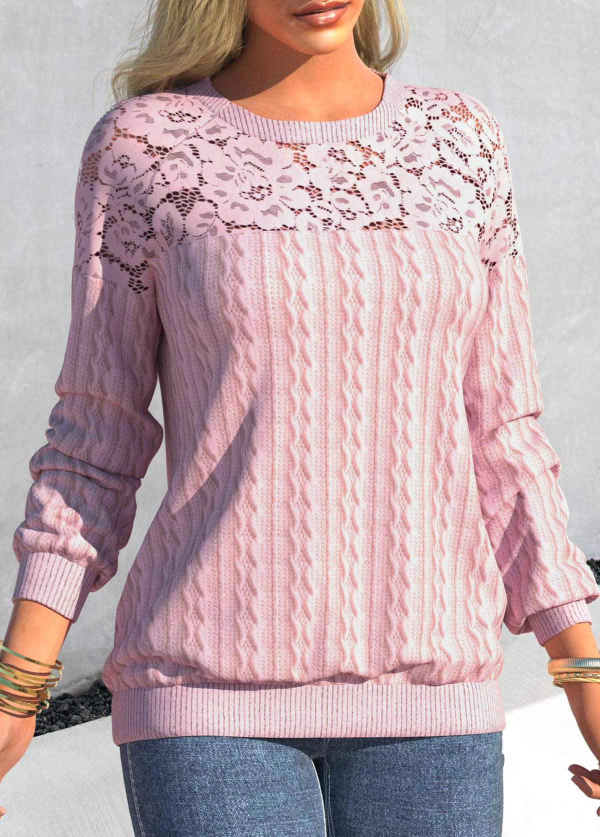 Pink tops,Plain Color tops,ROTITA Lace Patchwork Pink Round Neck Long Sleeve Sweatshirt