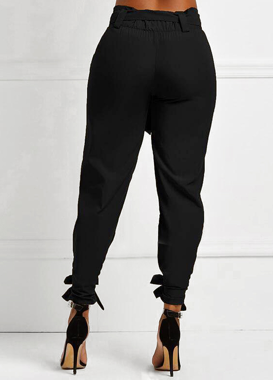 Black bottoms,Plain Color bottoms,ROTITA Belted Elastic Mid Waisted Black Pants