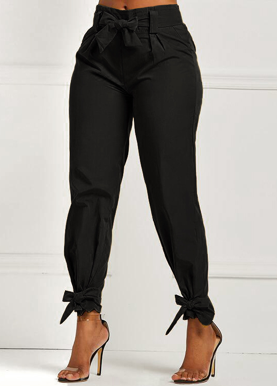 Black bottoms,Plain Color bottoms,ROTITA Belted Elastic Mid Waisted Black Pants