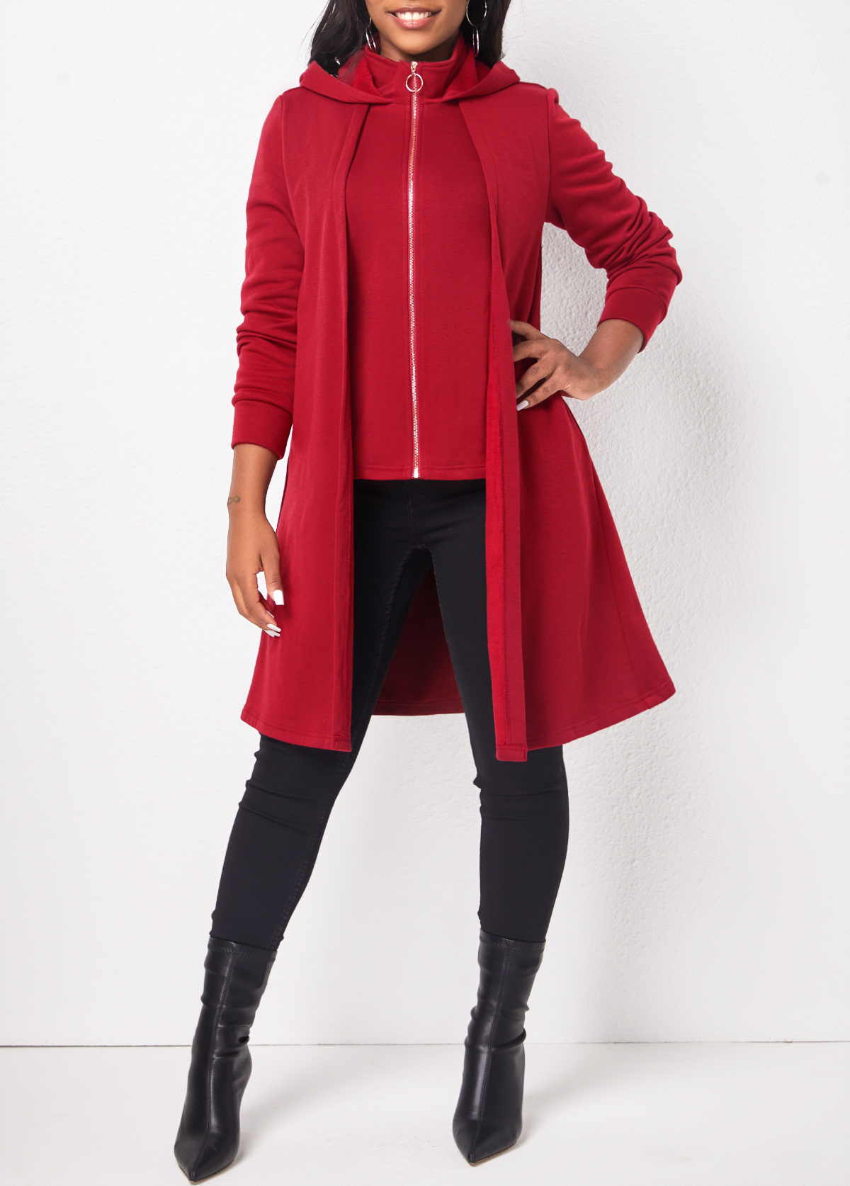 Deep Red tops,Plain Color tops,ROTITA Zipper Deep Red Long Sleeve Hoodie