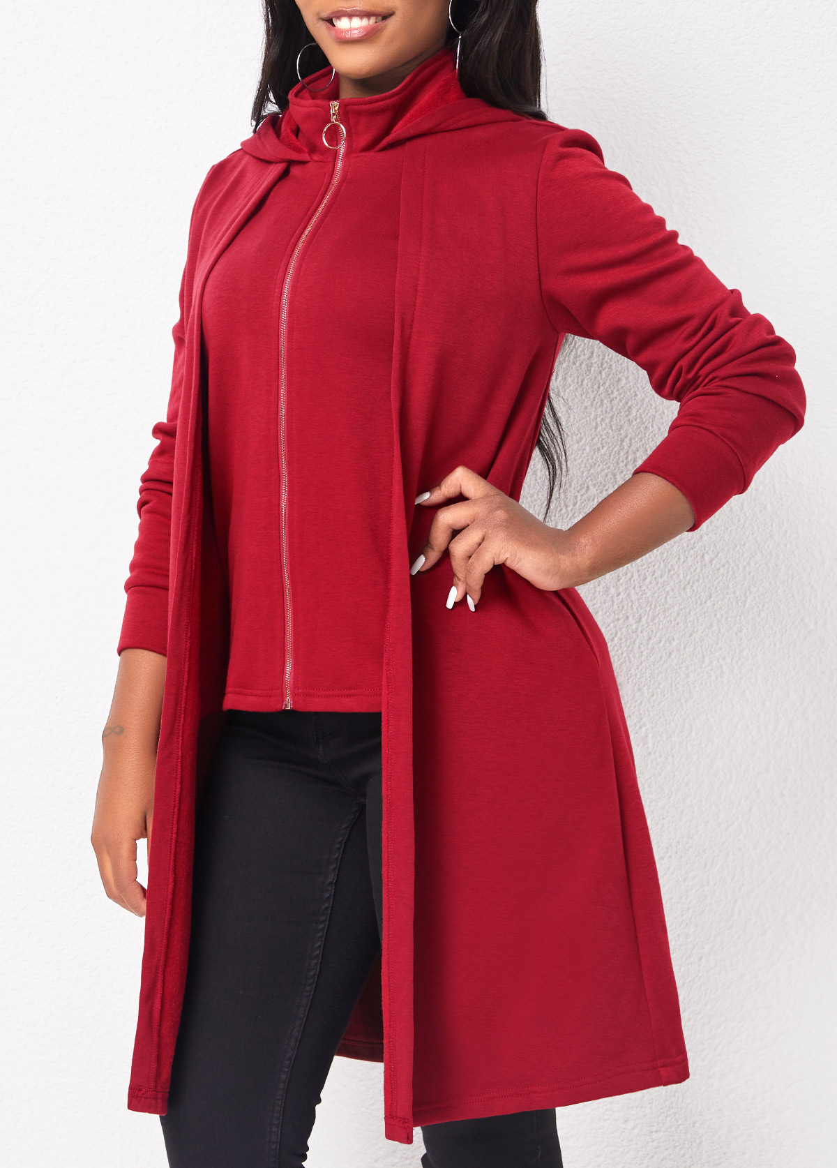 Deep Red tops,Plain Color tops,ROTITA Zipper Deep Red Long Sleeve Hoodie