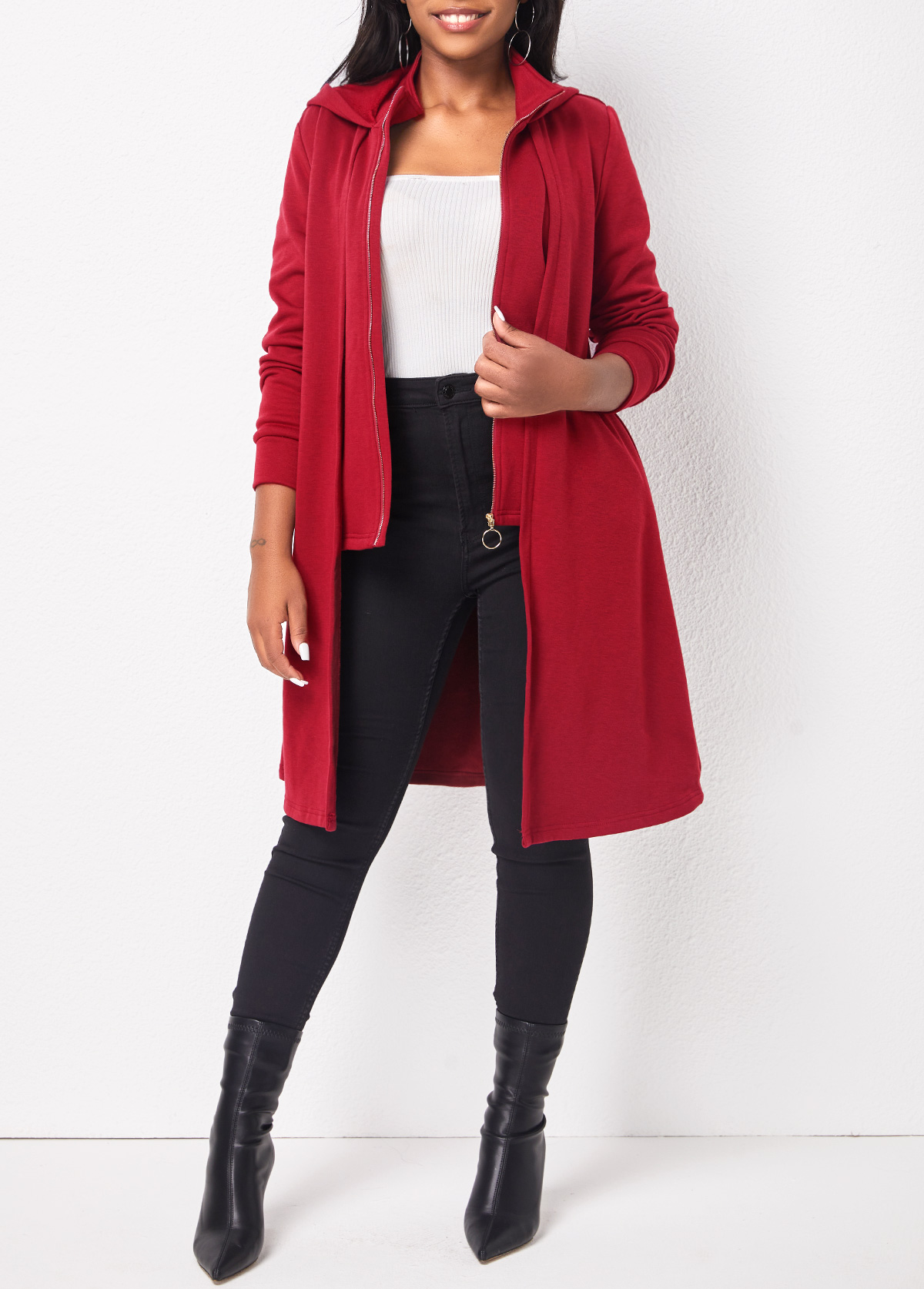Deep Red tops,Plain Color tops,ROTITA Zipper Deep Red Long Sleeve Hoodie