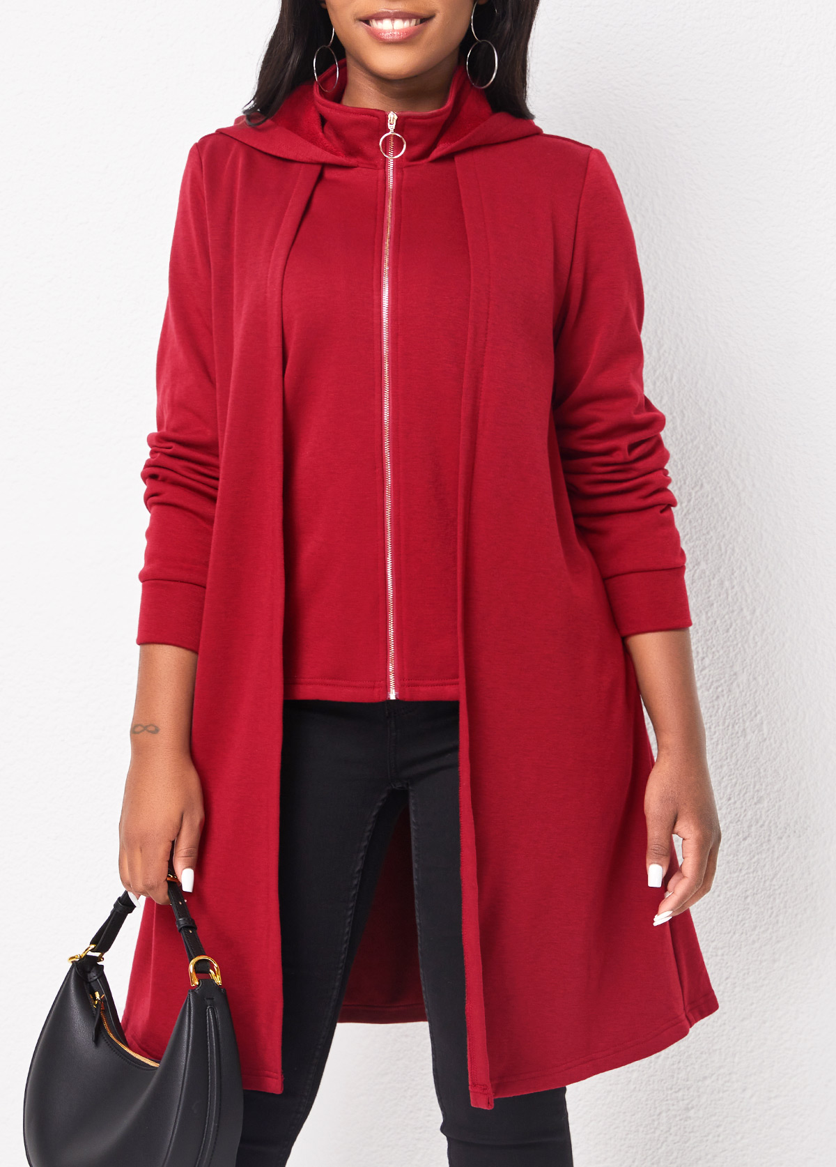 Deep Red tops,Plain Color tops,ROTITA Zipper Deep Red Long Sleeve Hoodie