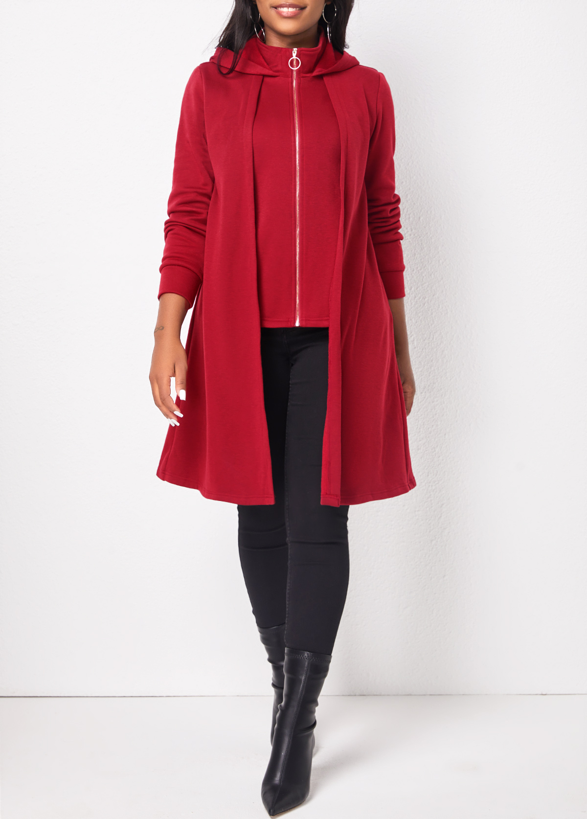 Deep Red tops,Plain Color tops,ROTITA Zipper Deep Red Long Sleeve Hoodie