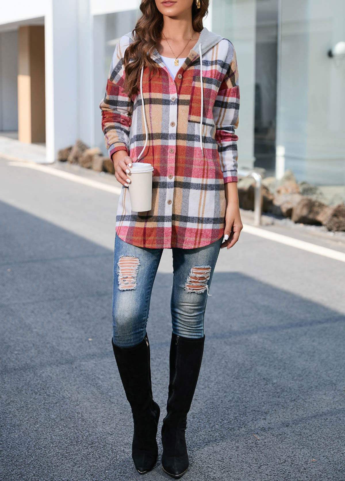 Multi Color plus size,Plaid plus size,ROTITA Plus Size Multi Color Plaid Hooded Coat