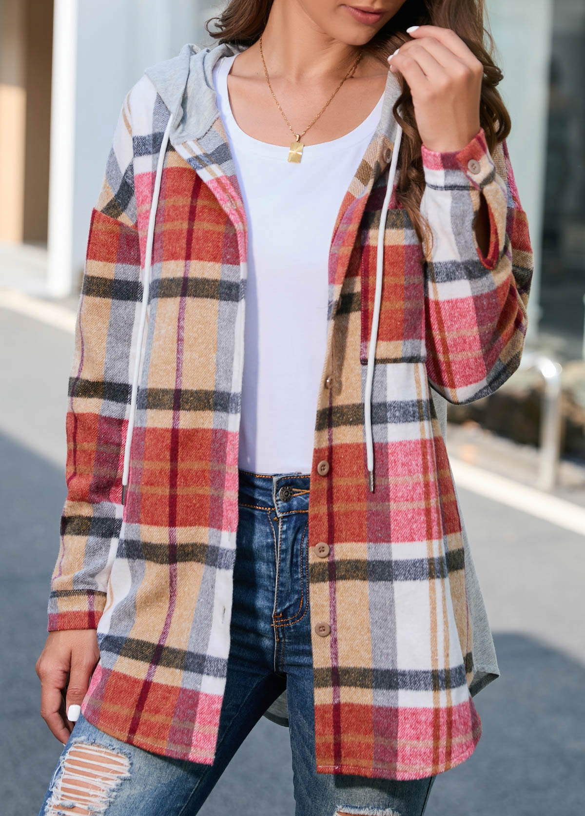 Multi Color plus size,Plaid plus size,ROTITA Plus Size Multi Color Plaid Hooded Coat