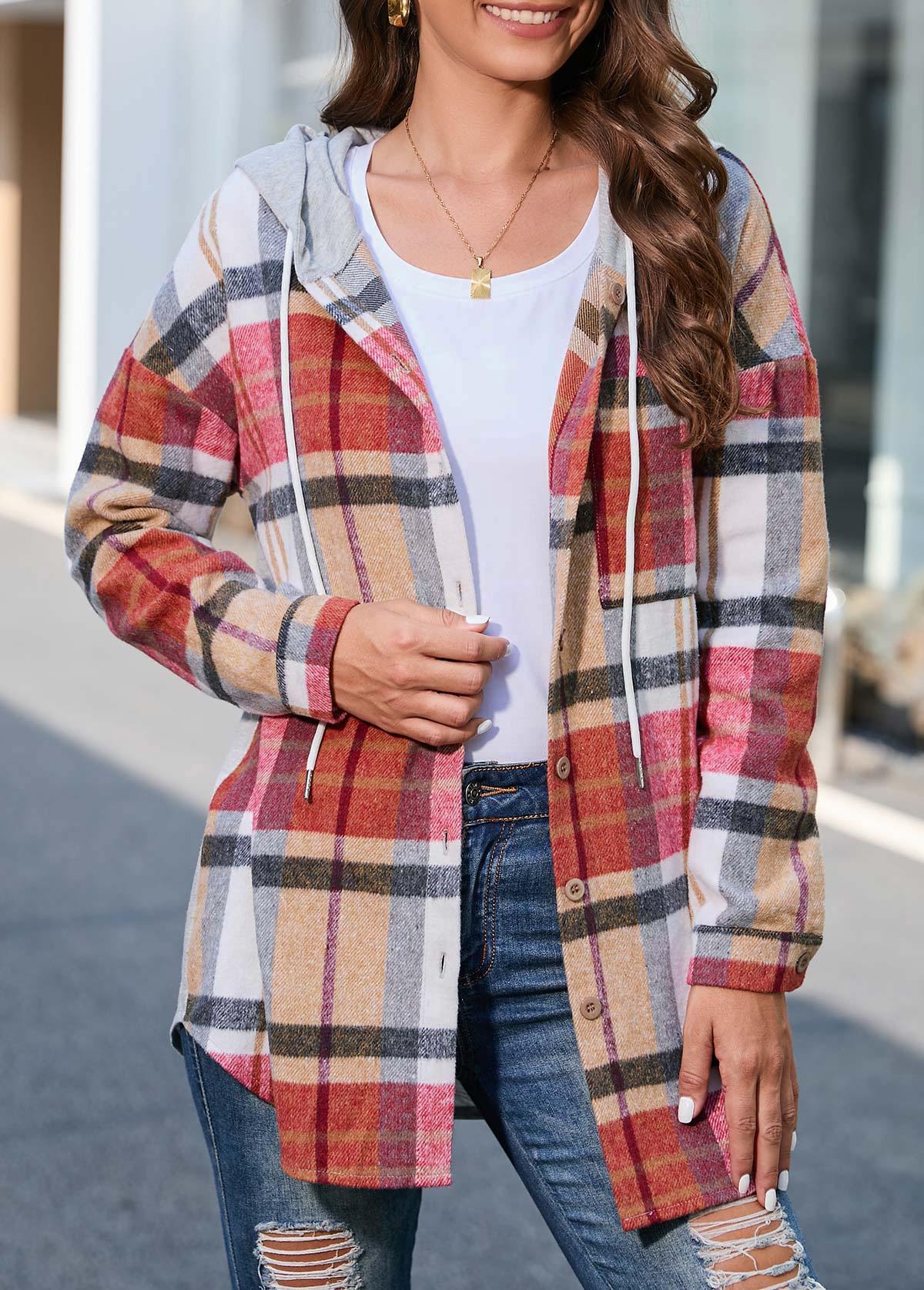 Multi Color plus size,Plaid plus size,ROTITA Plus Size Multi Color Plaid Hooded Coat