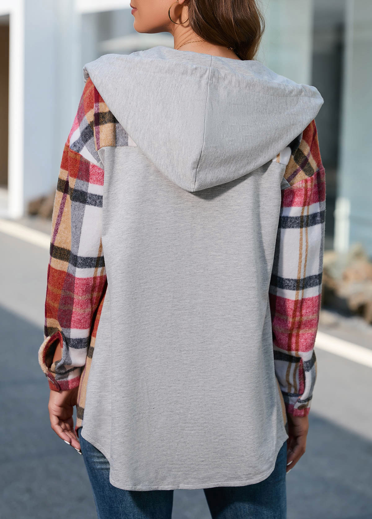 Multi Color plus size,Plaid plus size,ROTITA Plus Size Multi Color Plaid Hooded Coat