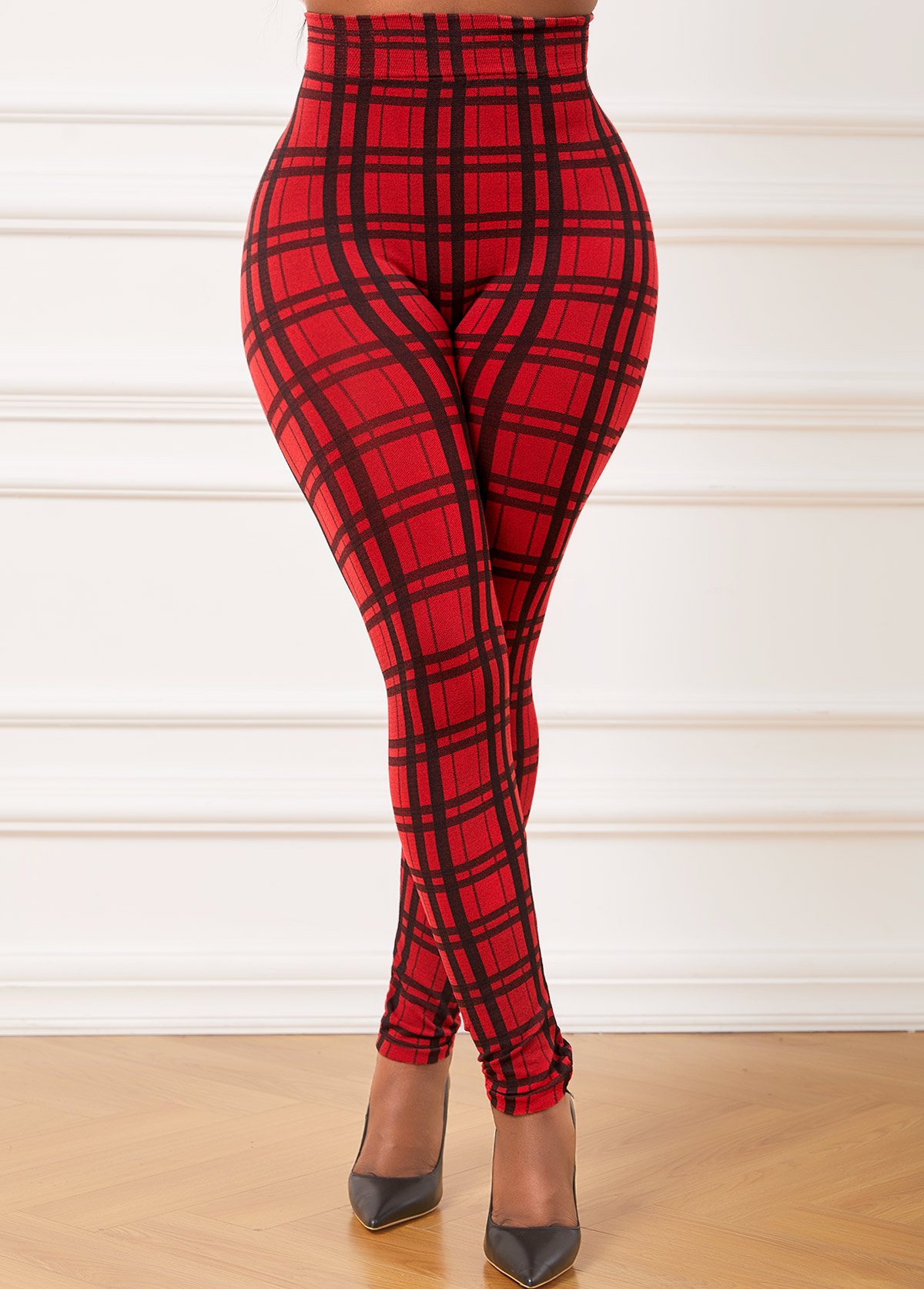 Red bottoms,Plaid bottoms,Plaid Red High Waisted Elastic Waist Leggings