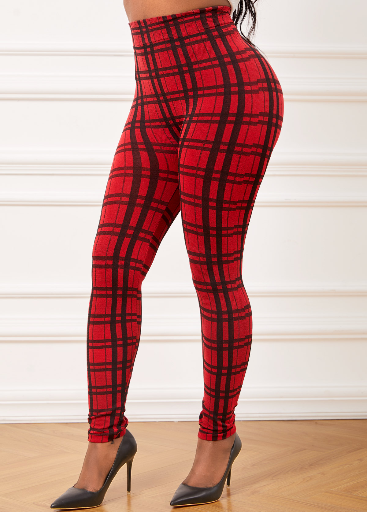 Red bottoms,Plaid bottoms,Plaid Red High Waisted Elastic Waist Leggings