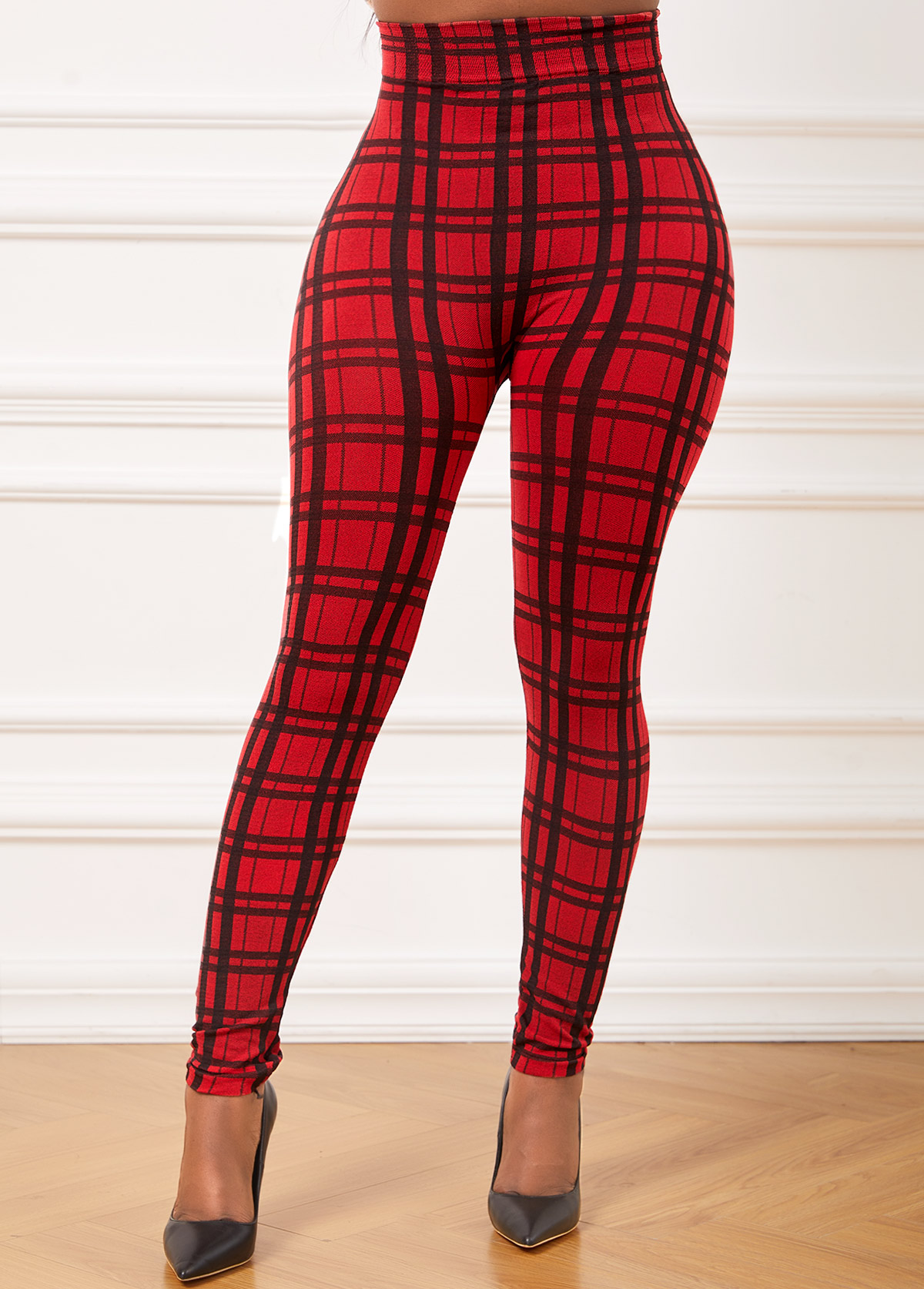 Red bottoms,Plaid bottoms,Plaid Red High Waisted Elastic Waist Leggings