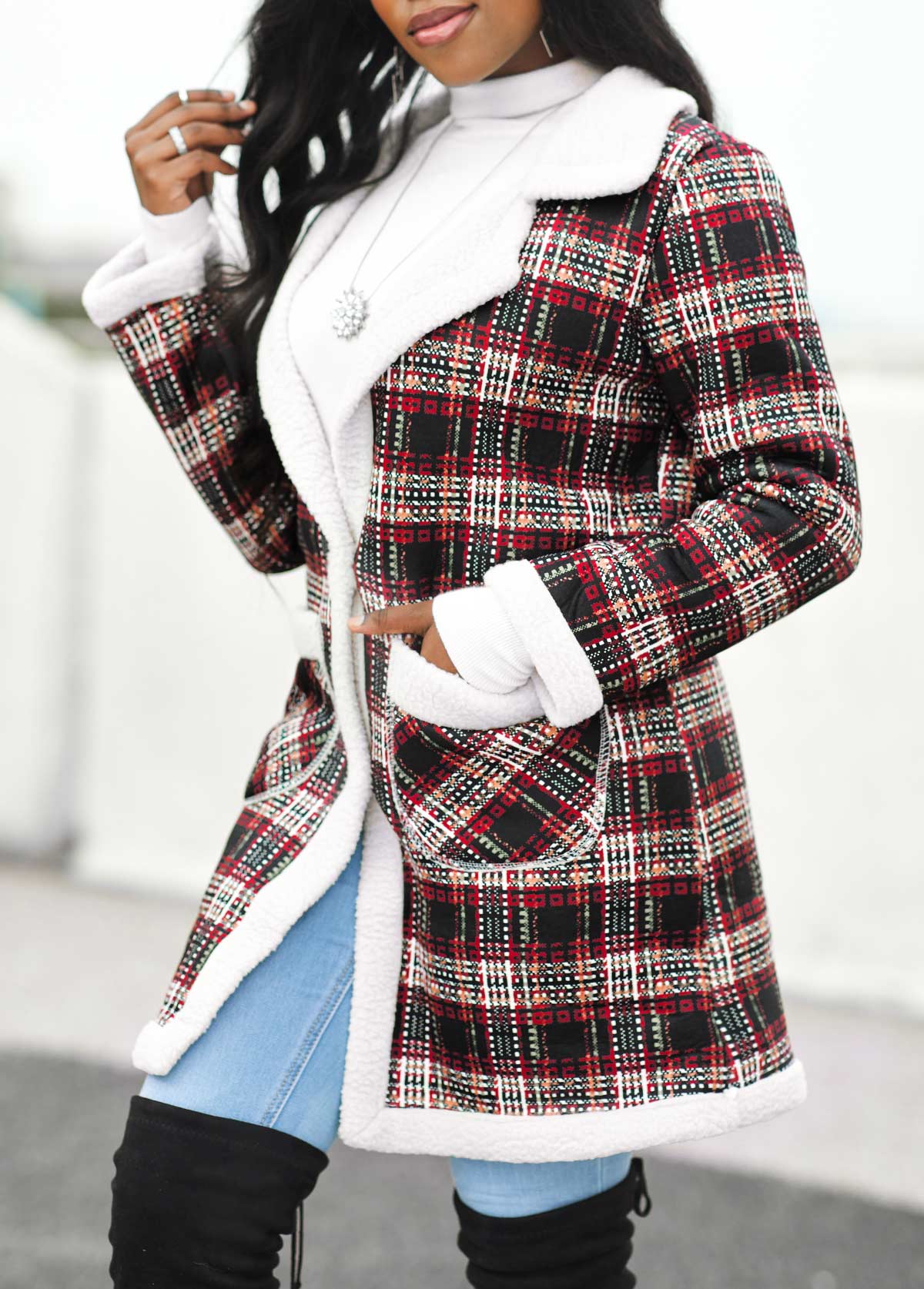 Black outerwear & coats,Plaid outerwear & coats,Pocket Plaid Black Lapel Long Sleeve Coat