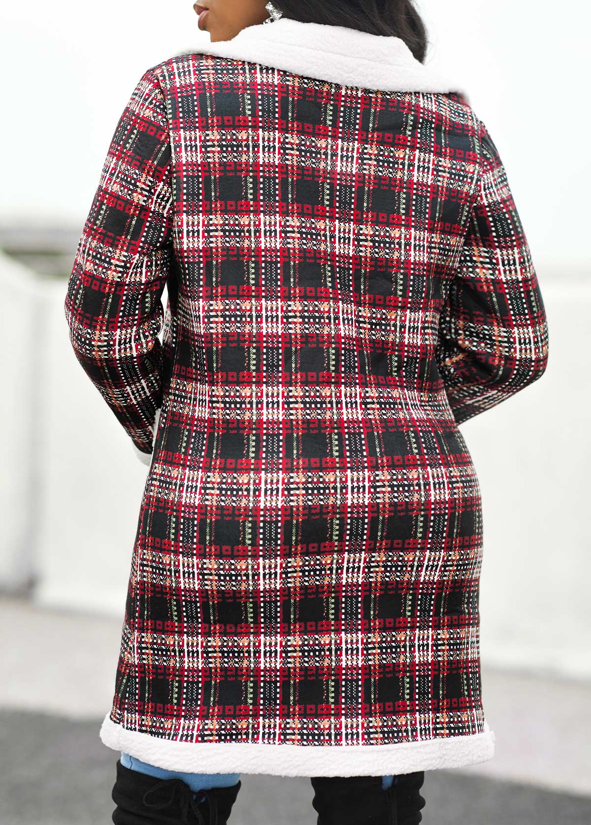 Black outerwear & coats,Plaid outerwear & coats,Pocket Plaid Black Lapel Long Sleeve Coat