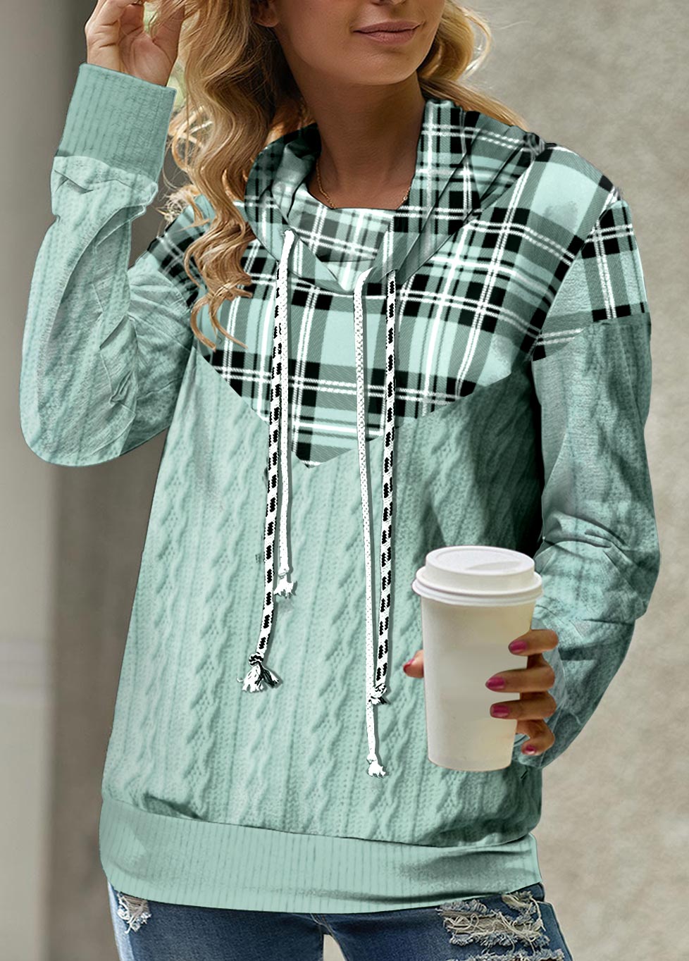 Blue tops,Plaid tops,Striped tops,Geometric tops,ROTITA Tartan Print Blue Cowl Neck Long Sleeve Sweatshirt