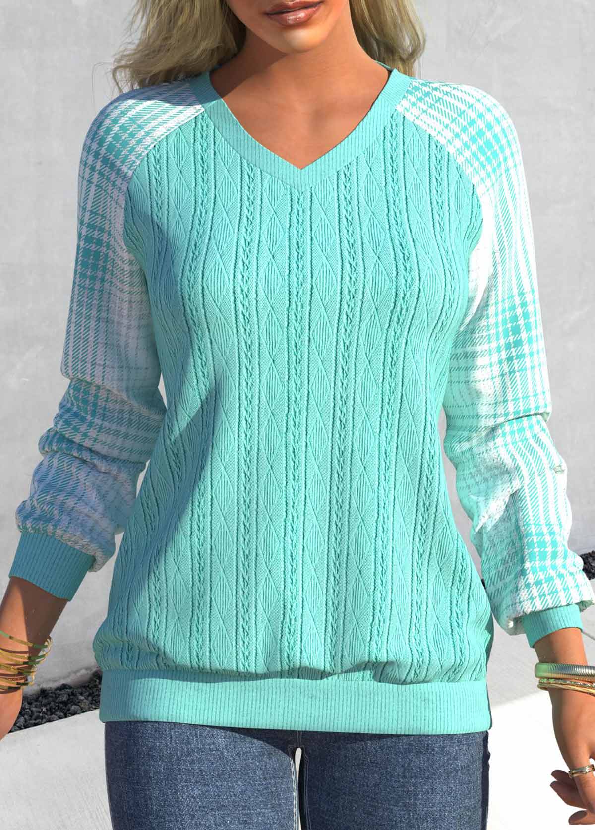ROTITA Tartan Print Cyan V Neck Long Sleeve Sweatshirt
