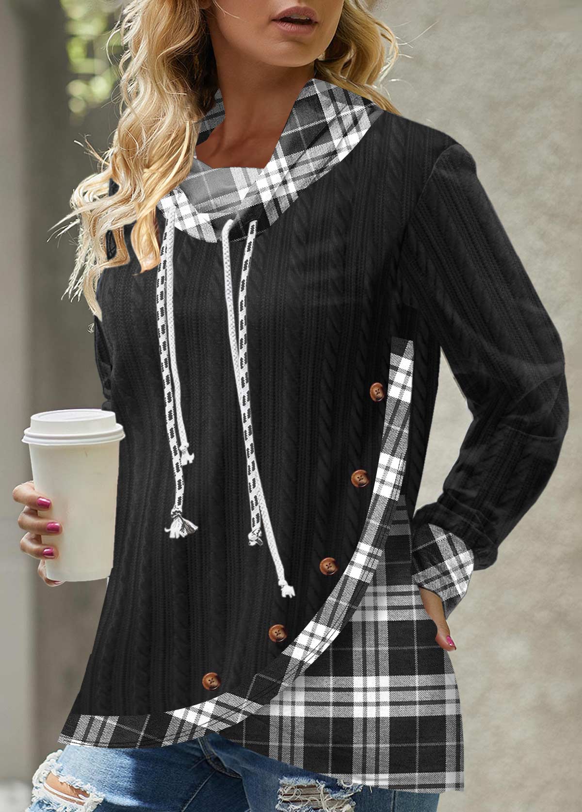 ROTITA Long Sleeve Black Asymmetric Hem Sweatshirt