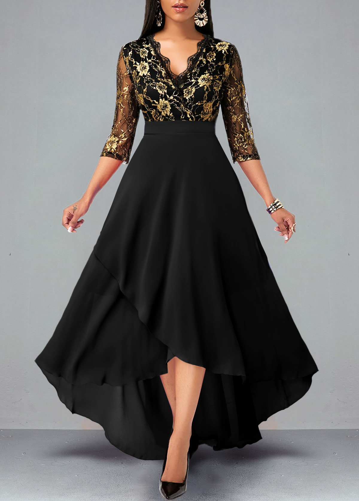 ROTITA Black Floral Lace Patchwork High Low Dress