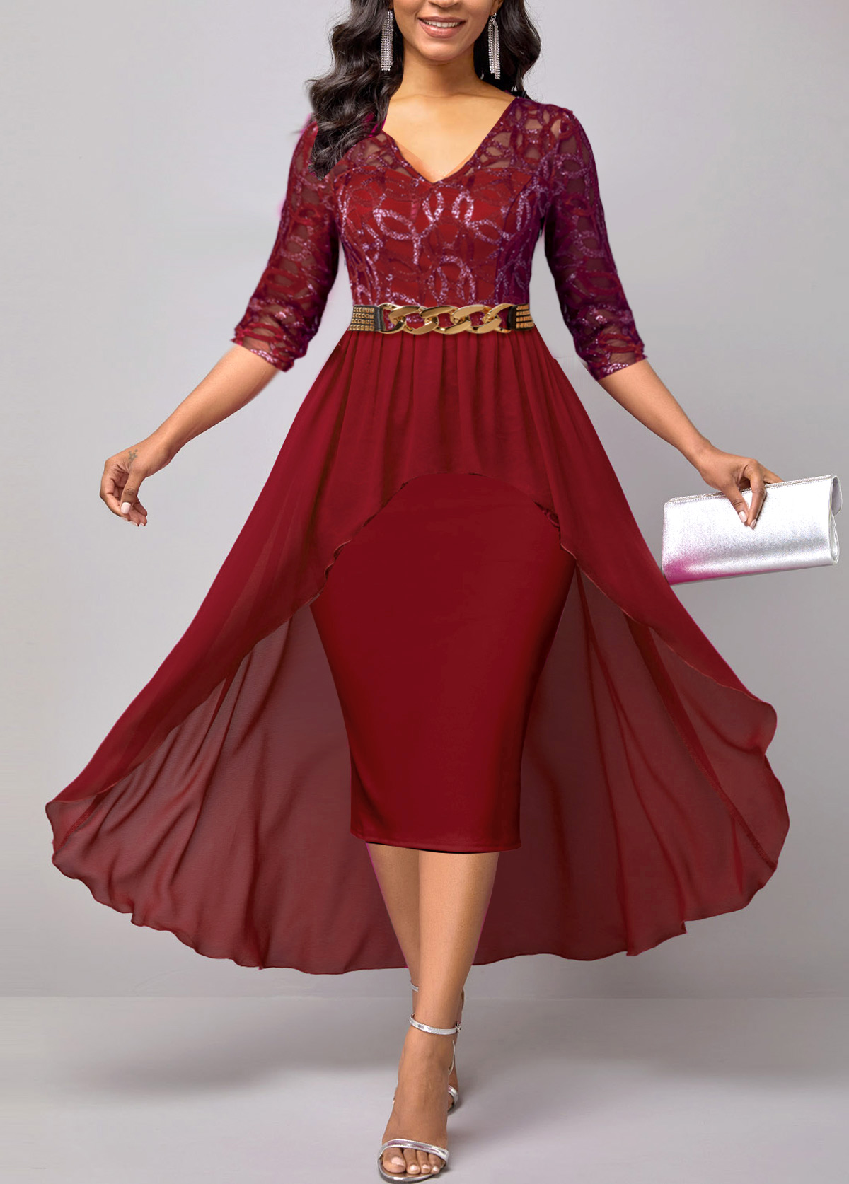 ROTITA Lace Patchwork 3/4 Sleeve Wine Red Dress