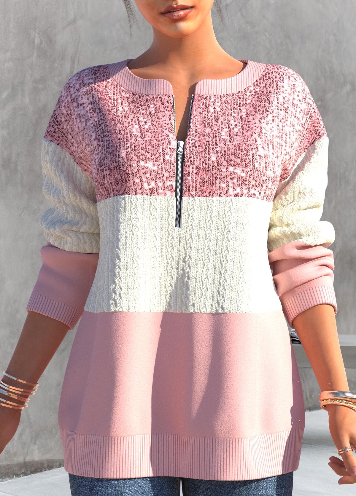 Light Pink tops,Contrast Color tops,ROTITA Contrast Color Light Pink Round Neck Sweatshirt