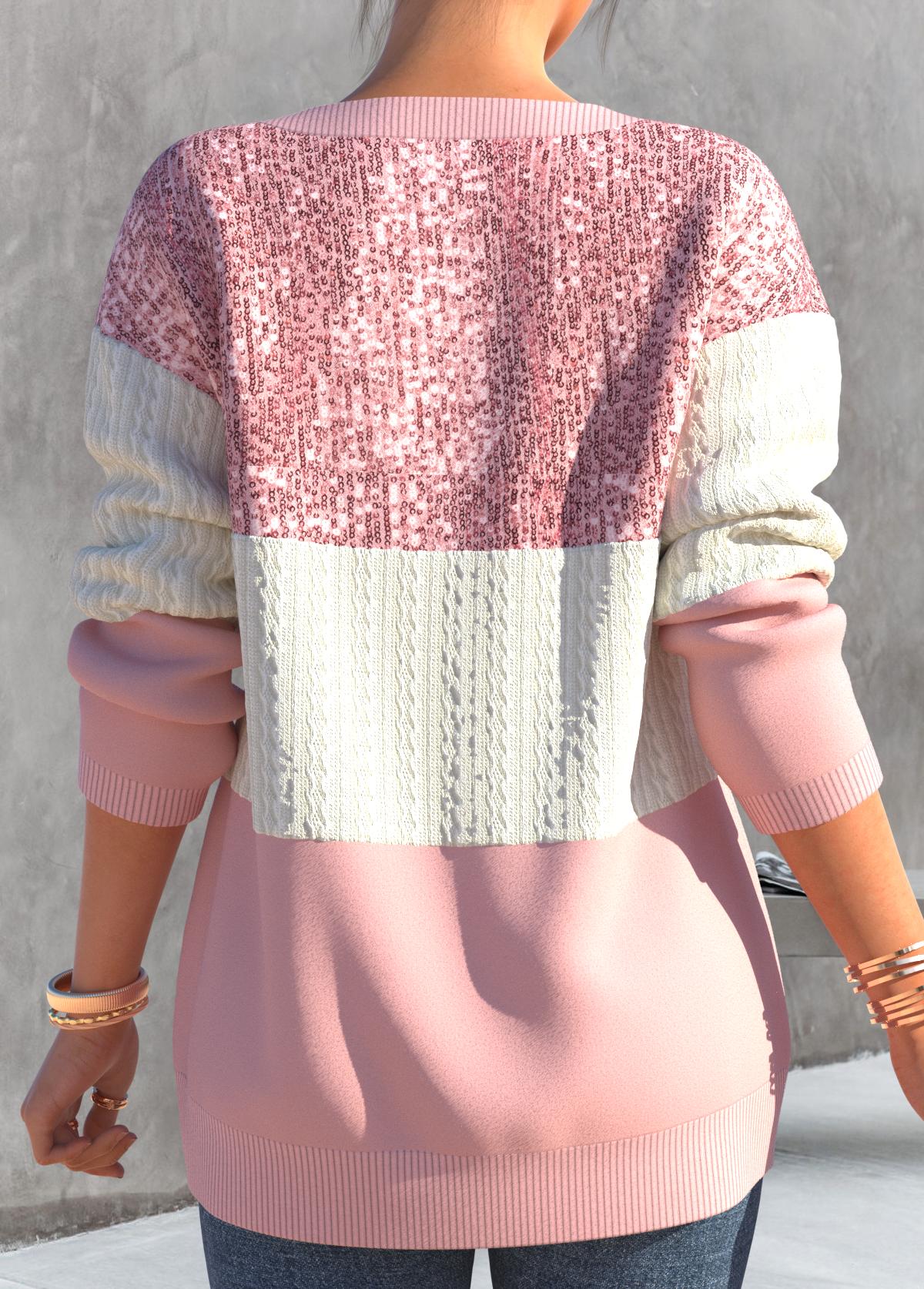 Light Pink tops,Contrast Color tops,ROTITA Contrast Color Light Pink Round Neck Sweatshirt