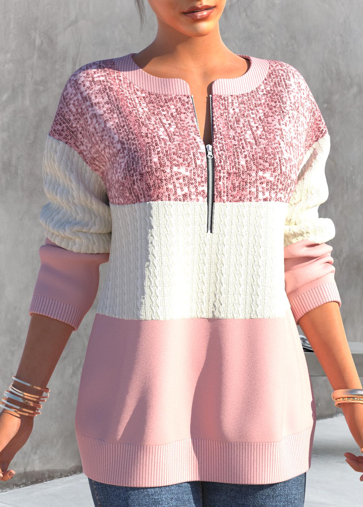 Light Pink tops,Contrast Color tops,ROTITA Contrast Color Light Pink Round Neck Sweatshirt