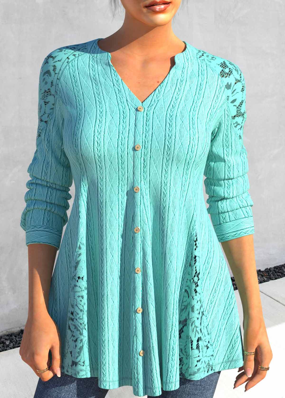 Cyan tops,Plain Color tops,ROTITA Green V Neck Long Sleeve Blouse