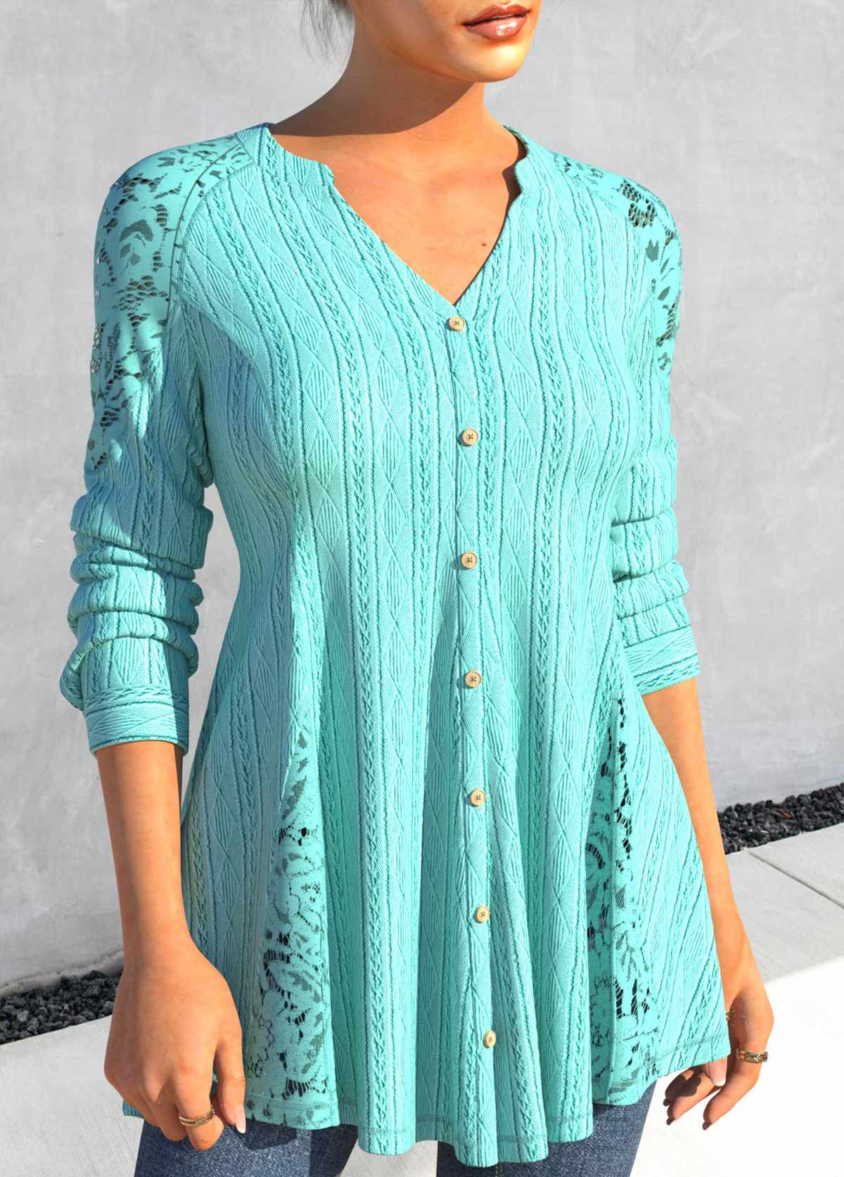 Cyan tops,Plain Color tops,ROTITA Green V Neck Long Sleeve Blouse