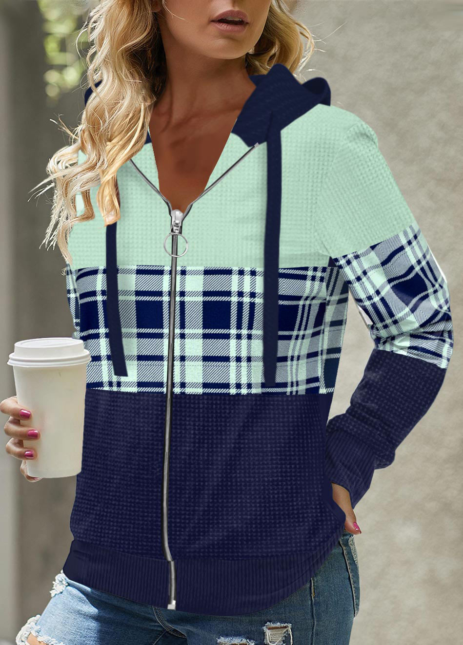 ROTITA Zipper Plaid Mint Green Long Sleeve Hoodie