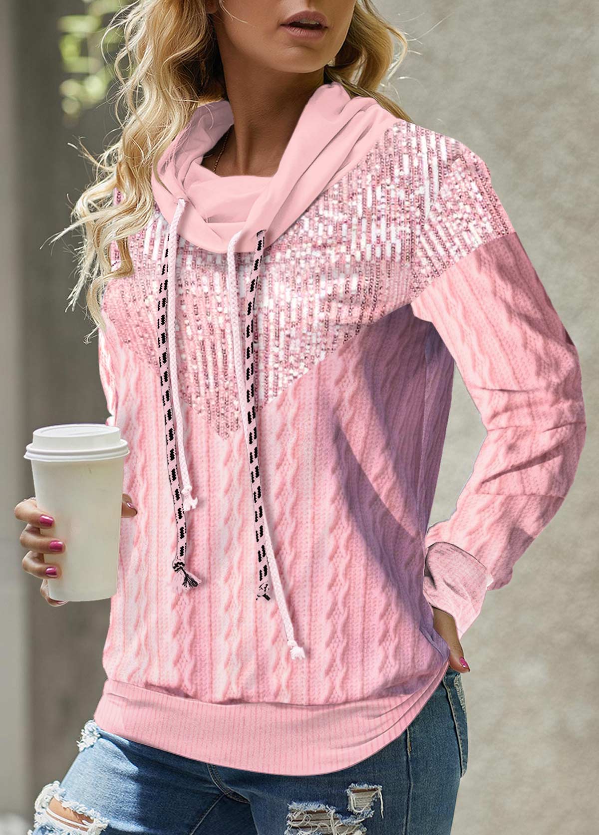 Pink tops,Plain Color tops,ROTITA Pink Cowl Neck Long Sleeve Sweatshirt